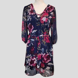 IZ Buyer Multi Color Floral 3/4 Sleeve V Neck Belted Tie Summer Dress Size M